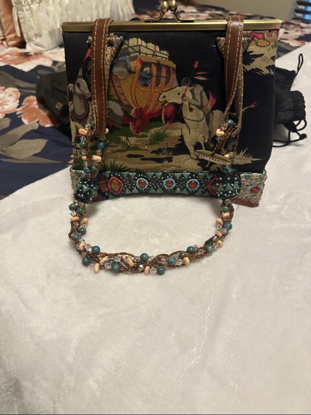 Mary Frances Black Embroidered Beaded Carousel Horse Handbag